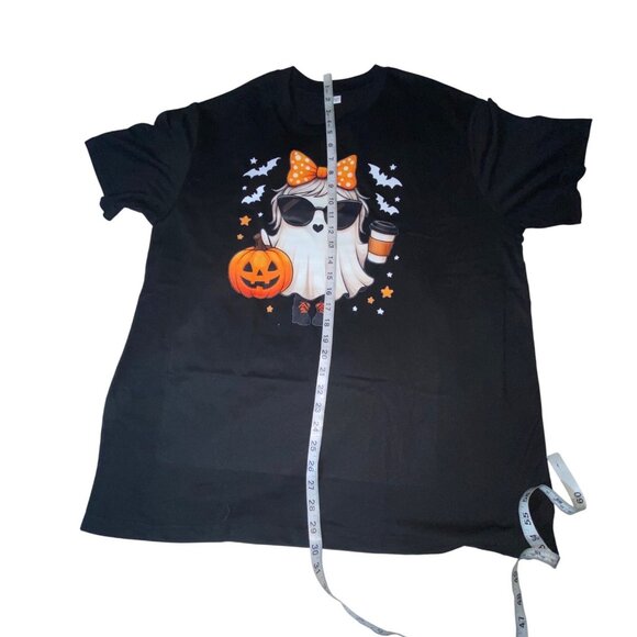 Halloween Ghost Graphic T-Shirt Black With Pumpkin & Coffee Design XL Unisex Cot - Picture 4 of 5